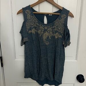 Lucky Brand Blue and Gold Embroidered Blouse